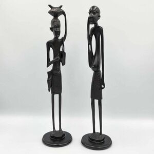 African Man Woman Wooden Hand Carved Statue Tribal Folk Art Stick Figures 12.5"